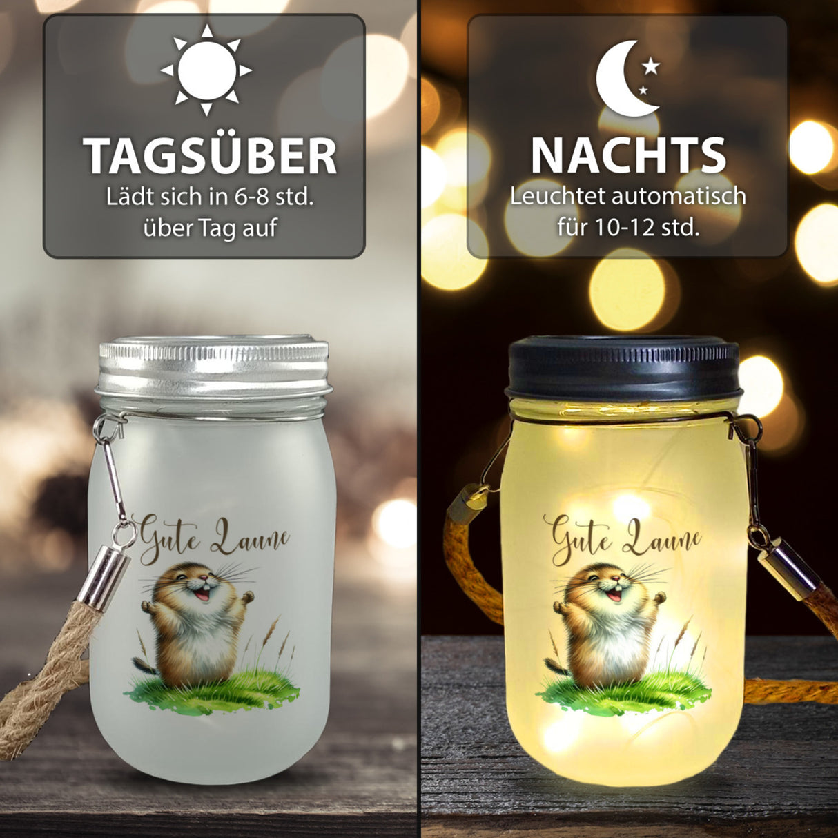 jubelnder Lemming Solarlicht mit Spruch Gute Laune