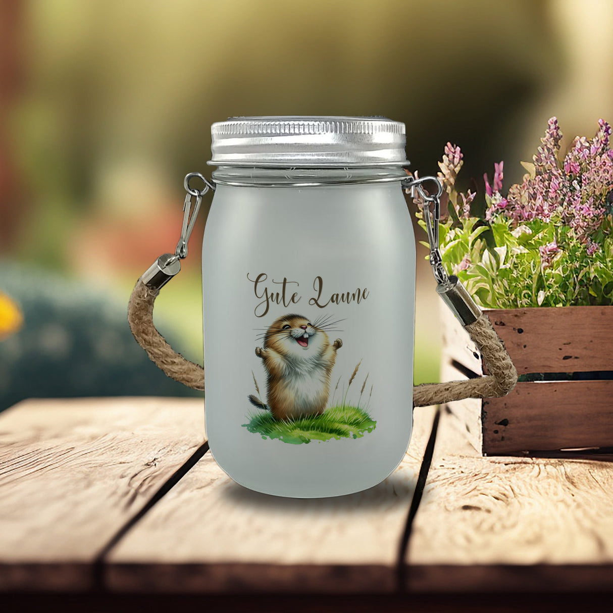 jubelnder Lemming Solarlicht mit Spruch Gute Laune