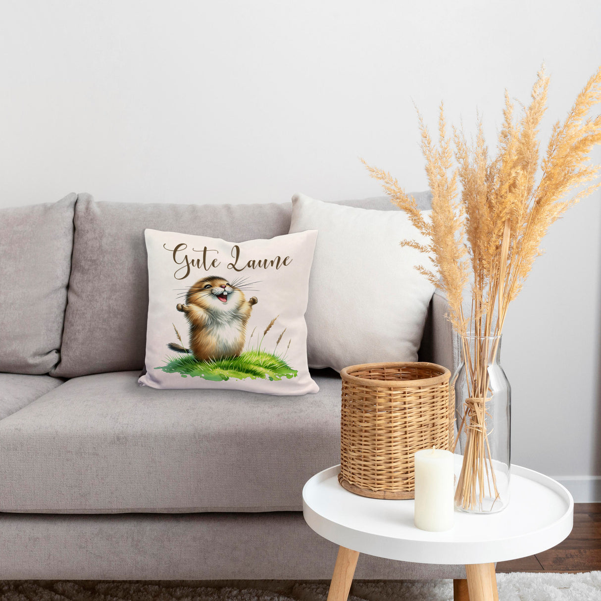 jubelnder Lemming Kissen mit Spruch Gute Laune