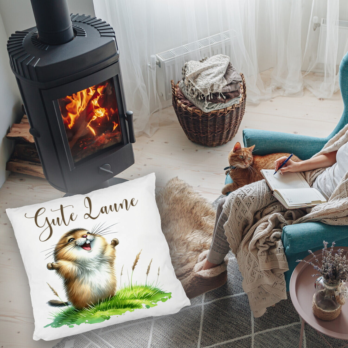 jubelnder Lemming Kissen mit Spruch Gute Laune