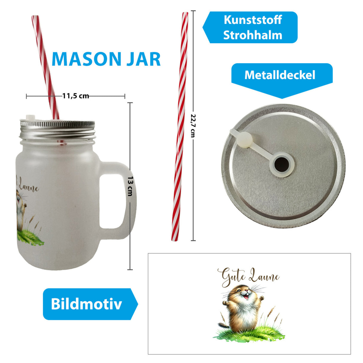 jubelnder Lemming Trinkglas mit Bambusdeckel mit Spruch Gute Laune