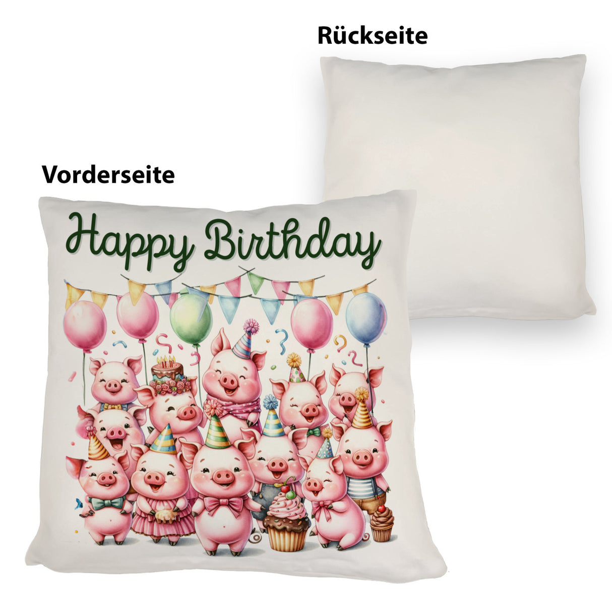 Schweine Party Kissen mit Spruch Happy Birthday