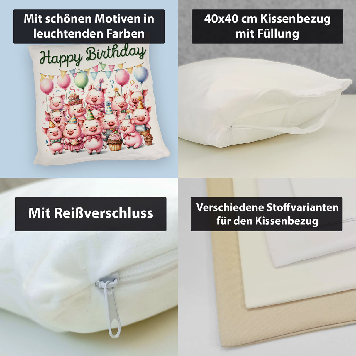 Schweine Party Kissen mit Spruch Happy Birthday