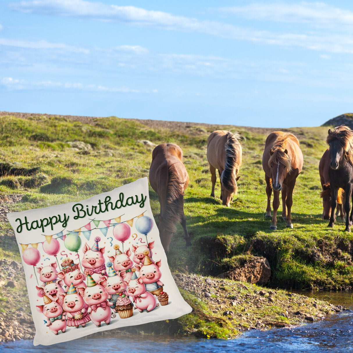 Schweine Party Kissen mit Spruch Happy Birthday