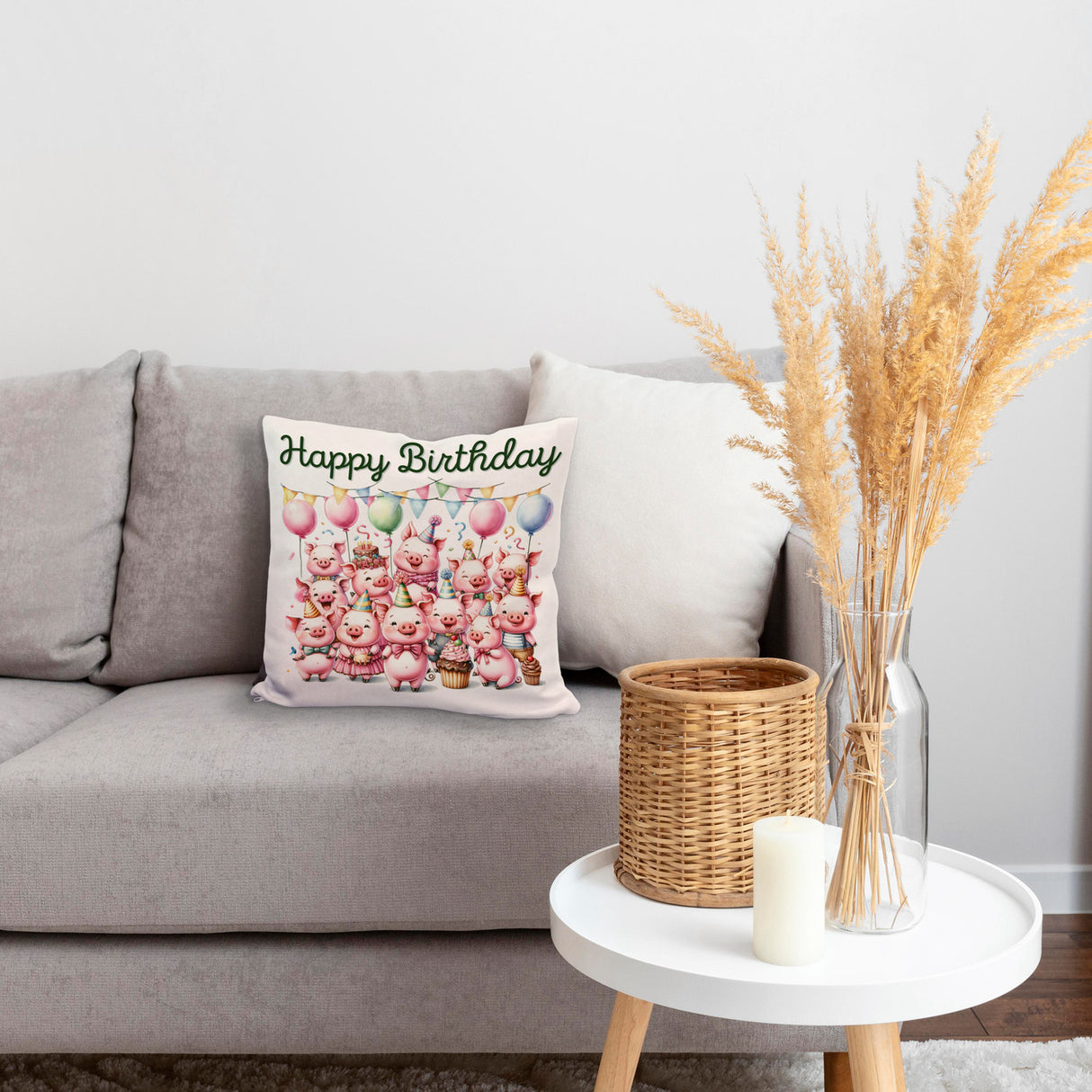 Schweine Party Kissen mit Spruch Happy Birthday