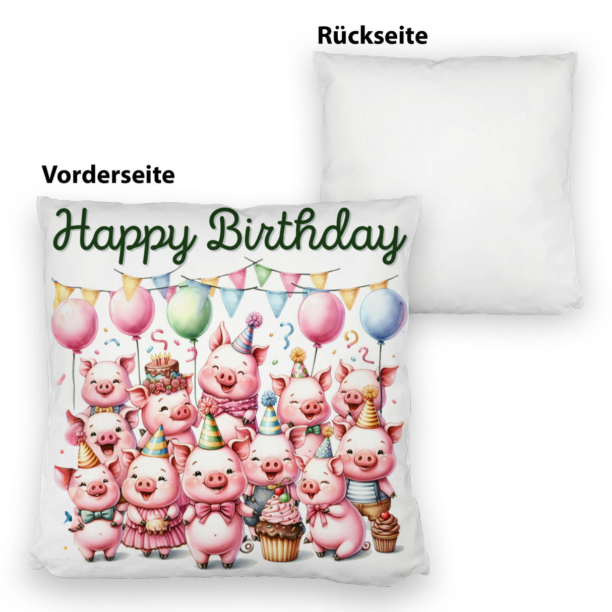 Schweine Party Kissen mit Spruch Happy Birthday