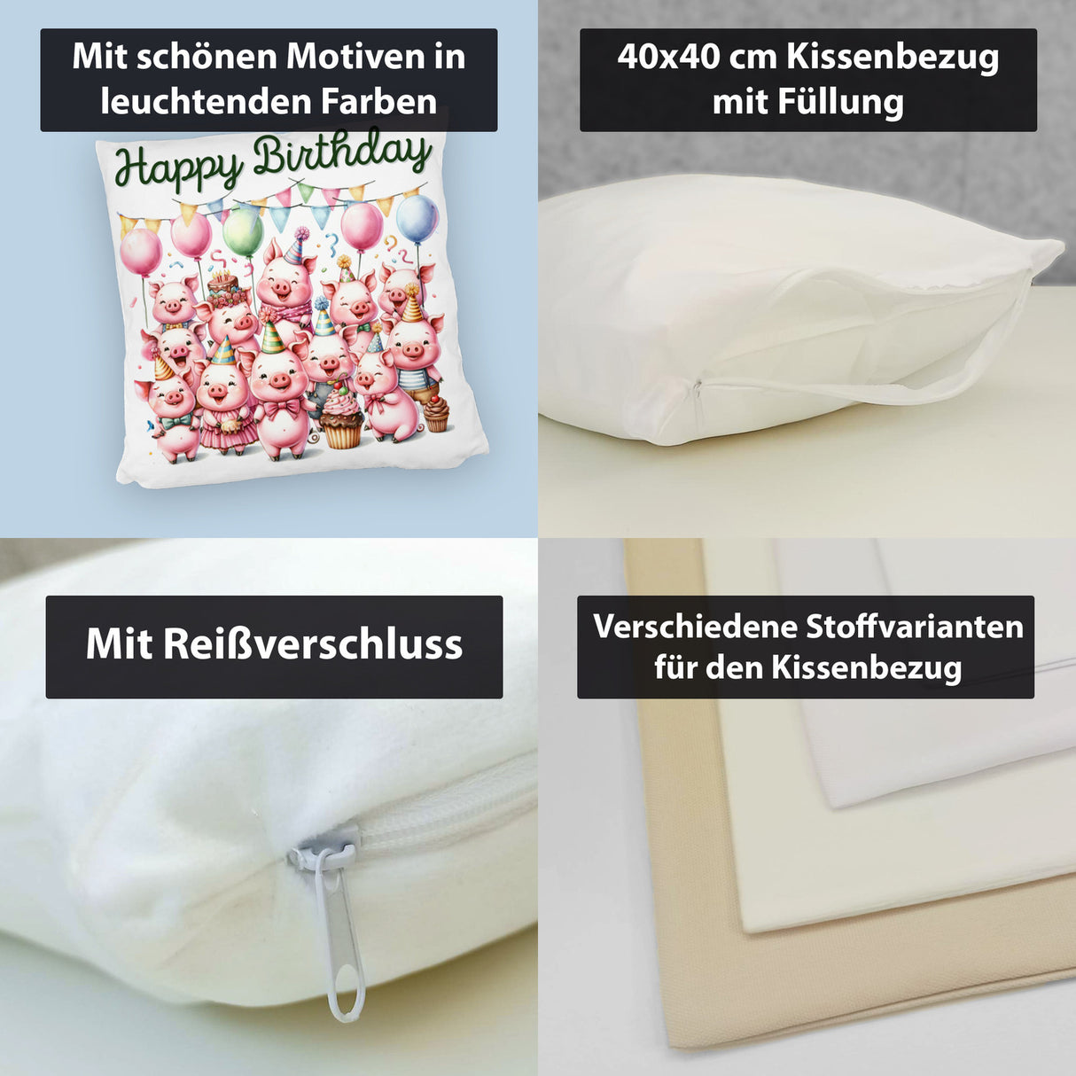 Schweine Party Kissen mit Spruch Happy Birthday