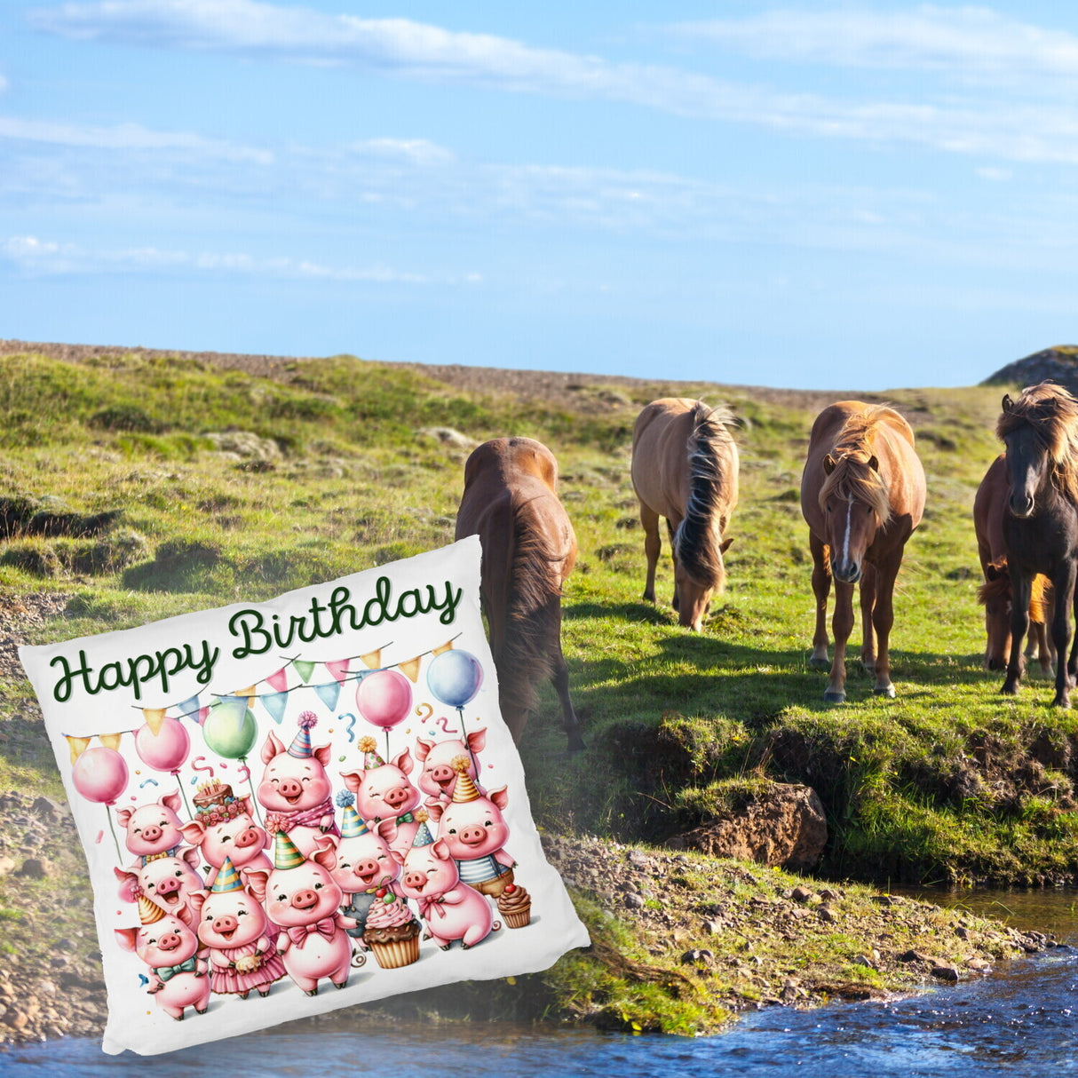 Schweine Party Kissen mit Spruch Happy Birthday
