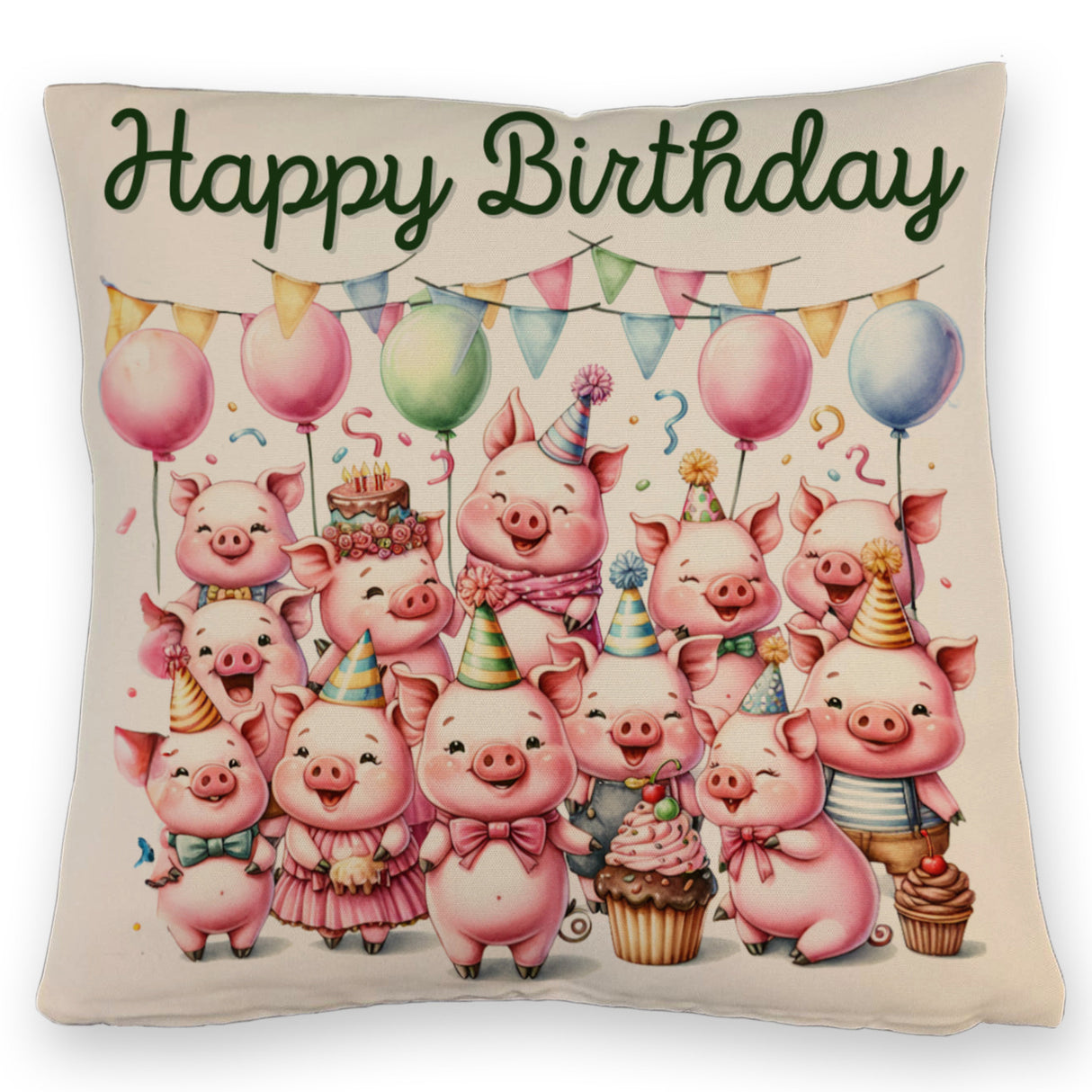 Schweine Party Kissen mit Spruch Happy Birthday