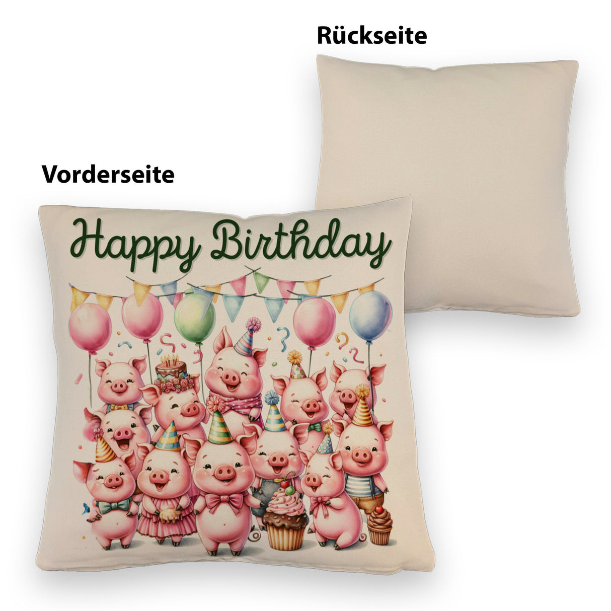 Schweine Party Kissen mit Spruch Happy Birthday
