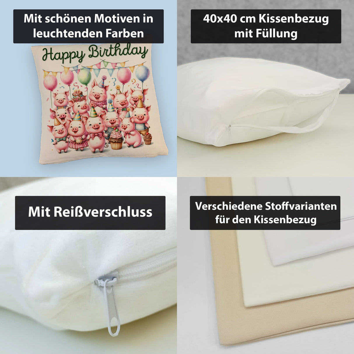 Schweine Party Kissen mit Spruch Happy Birthday