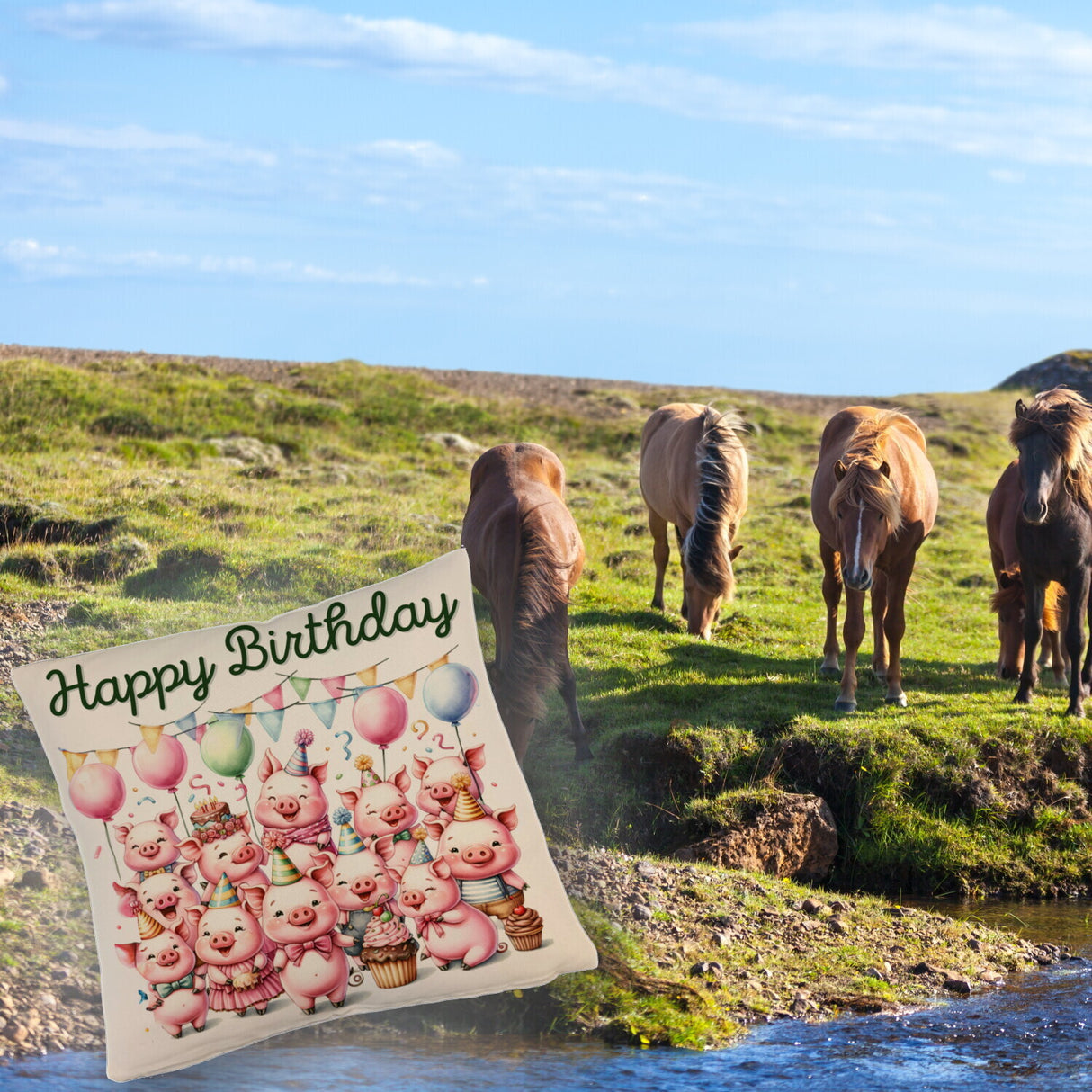 Schweine Party Kissen mit Spruch Happy Birthday