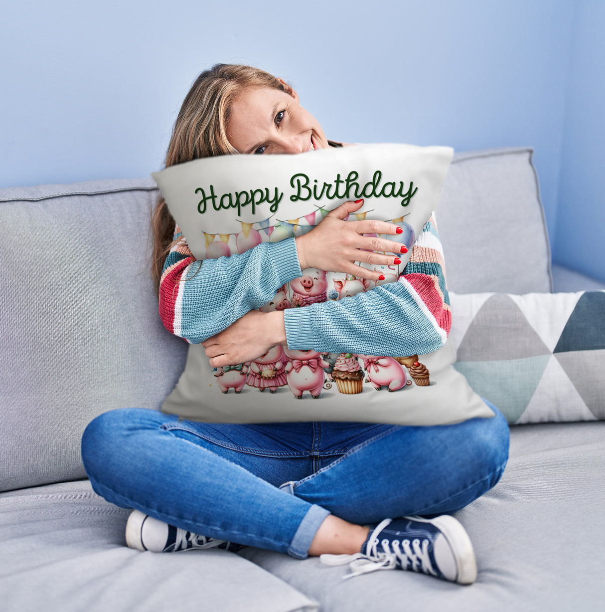 Schweine Party Kissen mit Spruch Happy Birthday