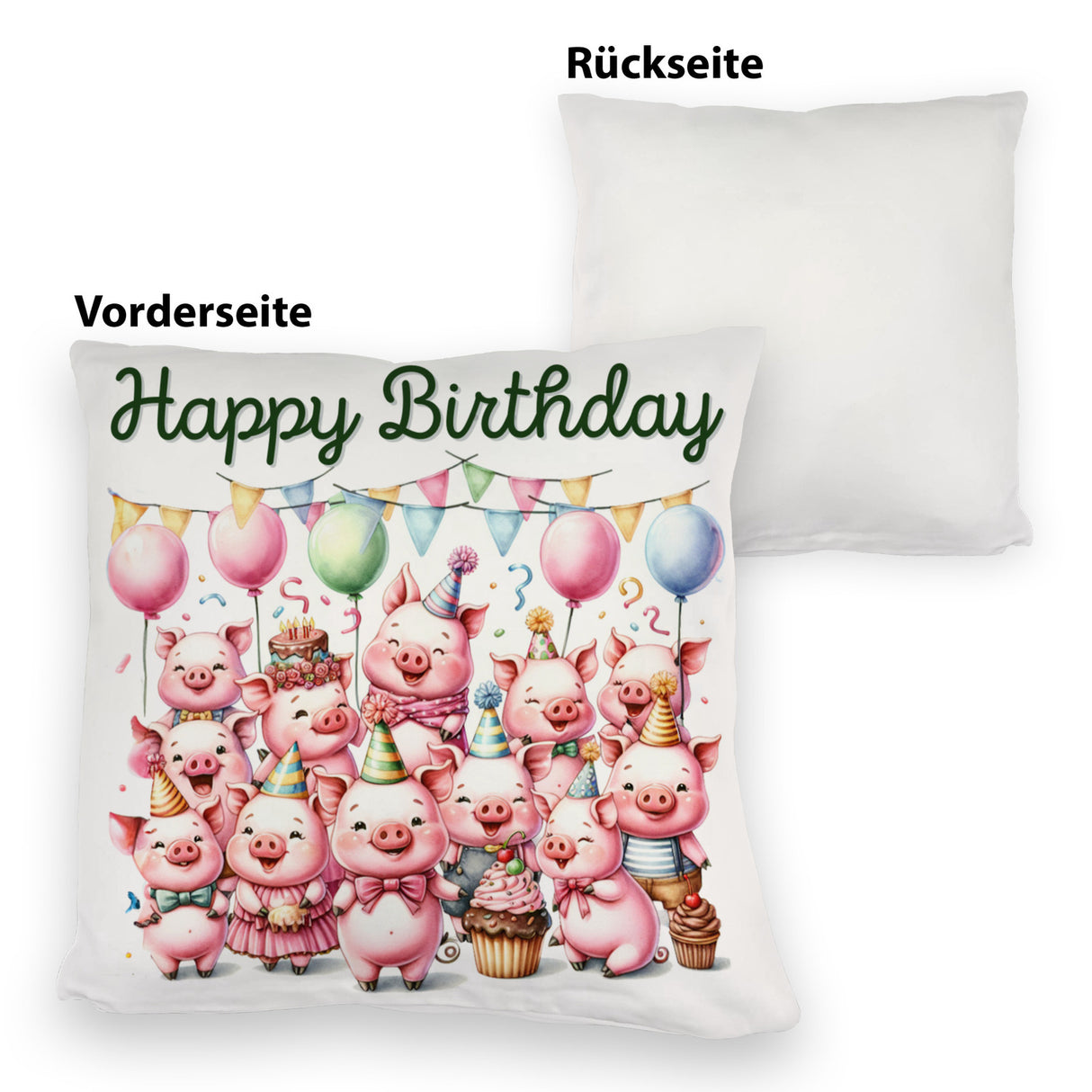 Schweine Party Kissen mit Spruch Happy Birthday