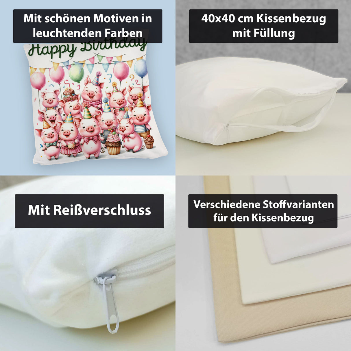 Schweine Party Kissen mit Spruch Happy Birthday