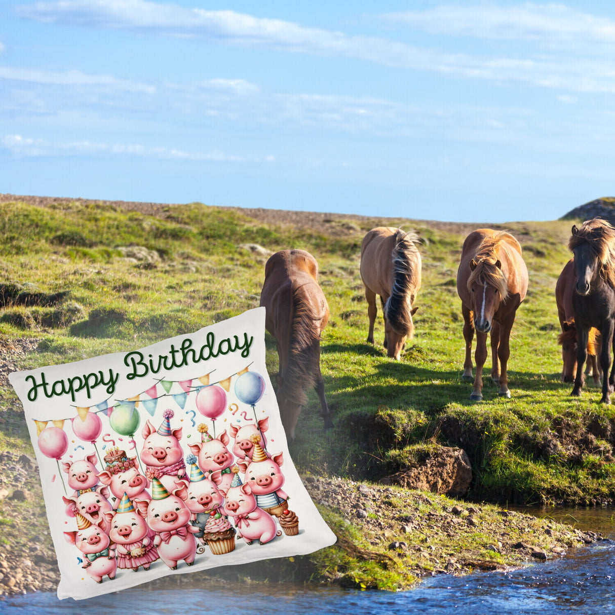 Schweine Party Kissen mit Spruch Happy Birthday