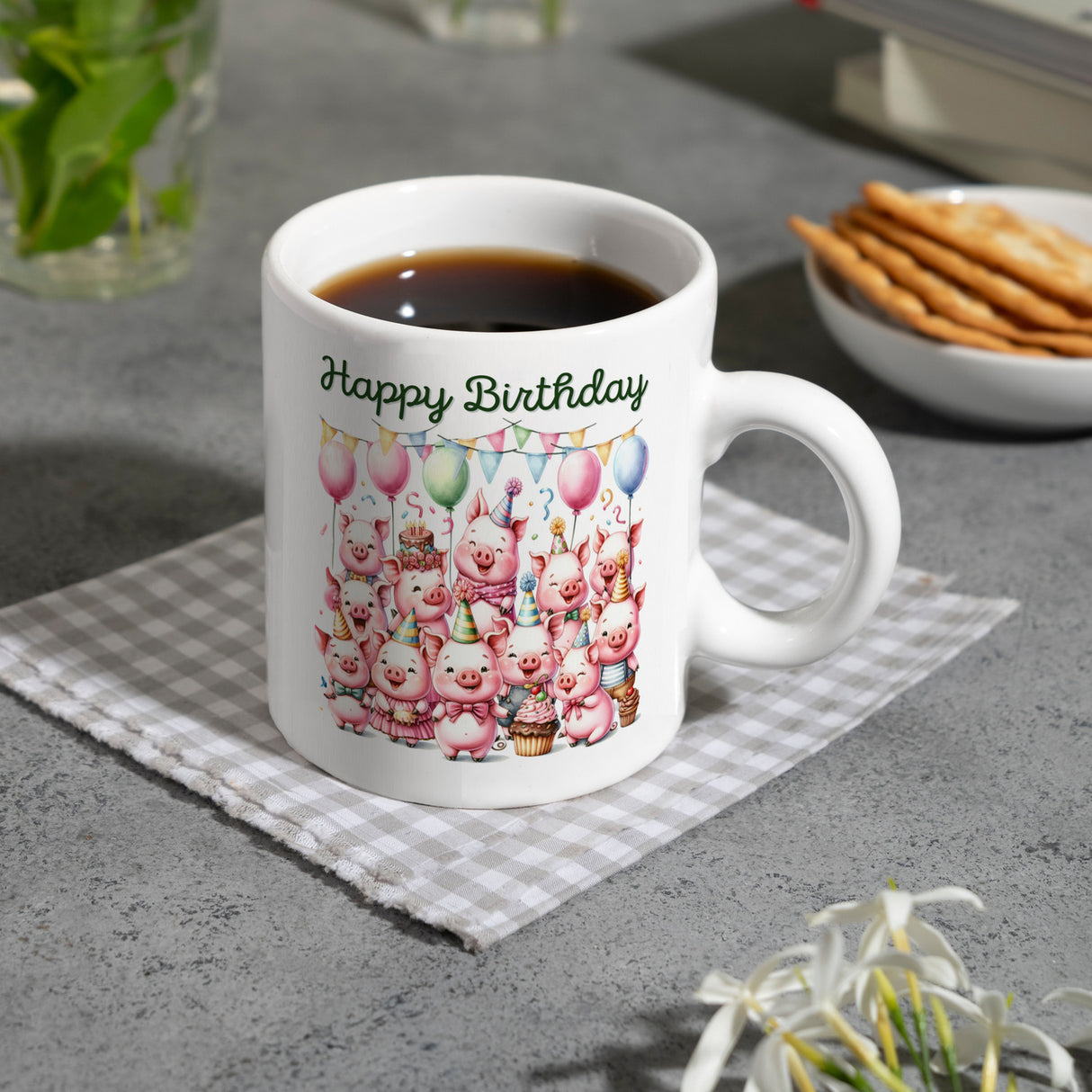 Schweine Party Kaffeebecher mit Spruch Happy Birthday