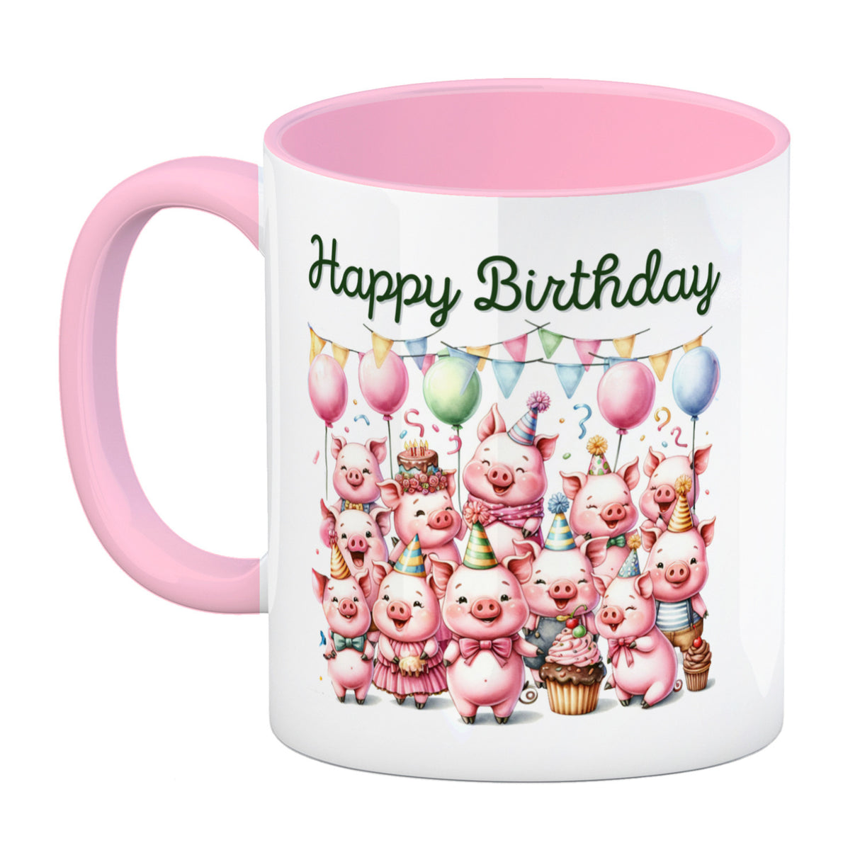 Schweine Party Kaffeebecher mit Spruch Happy Birthday