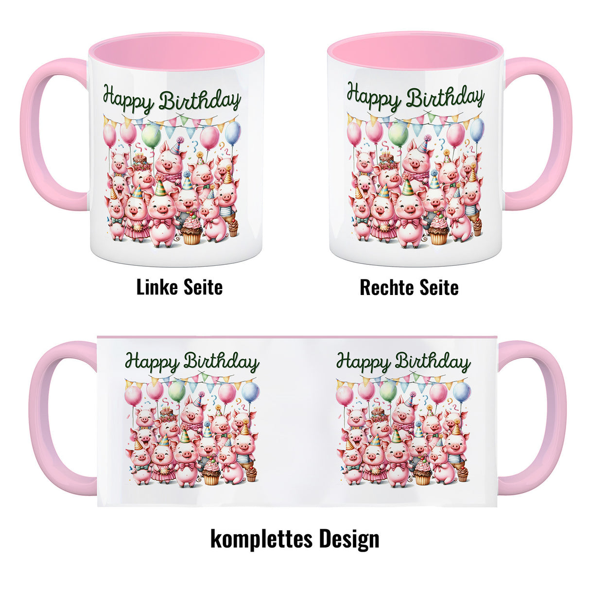 Schweine Party Kaffeebecher mit Spruch Happy Birthday