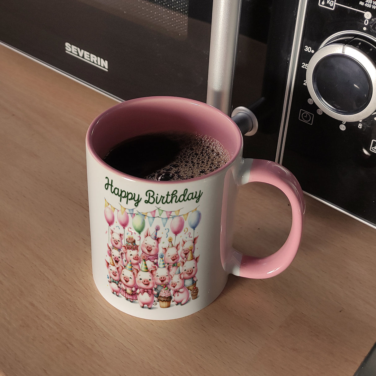 Schweine Party Kaffeebecher mit Spruch Happy Birthday