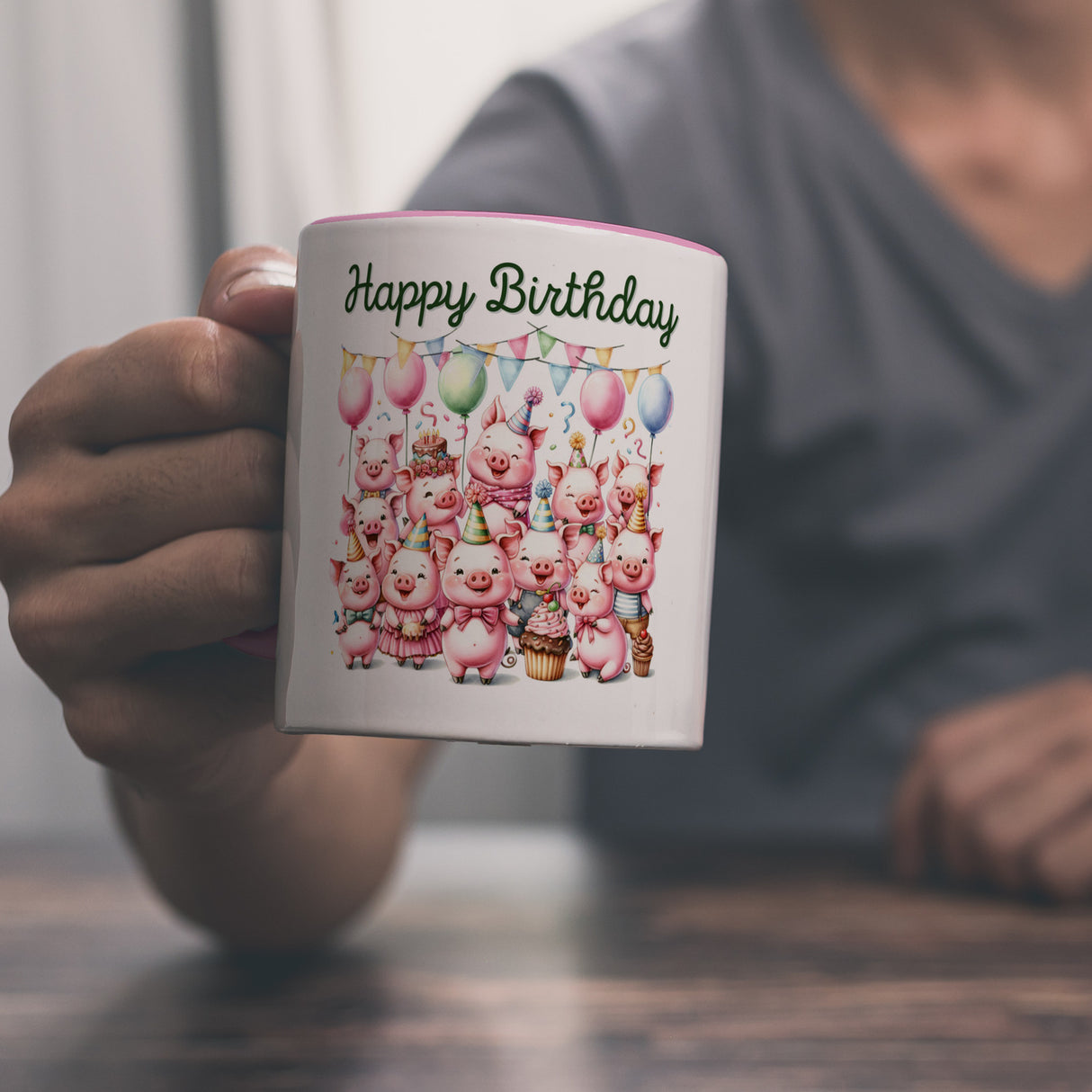 Schweine Party Kaffeebecher mit Spruch Happy Birthday