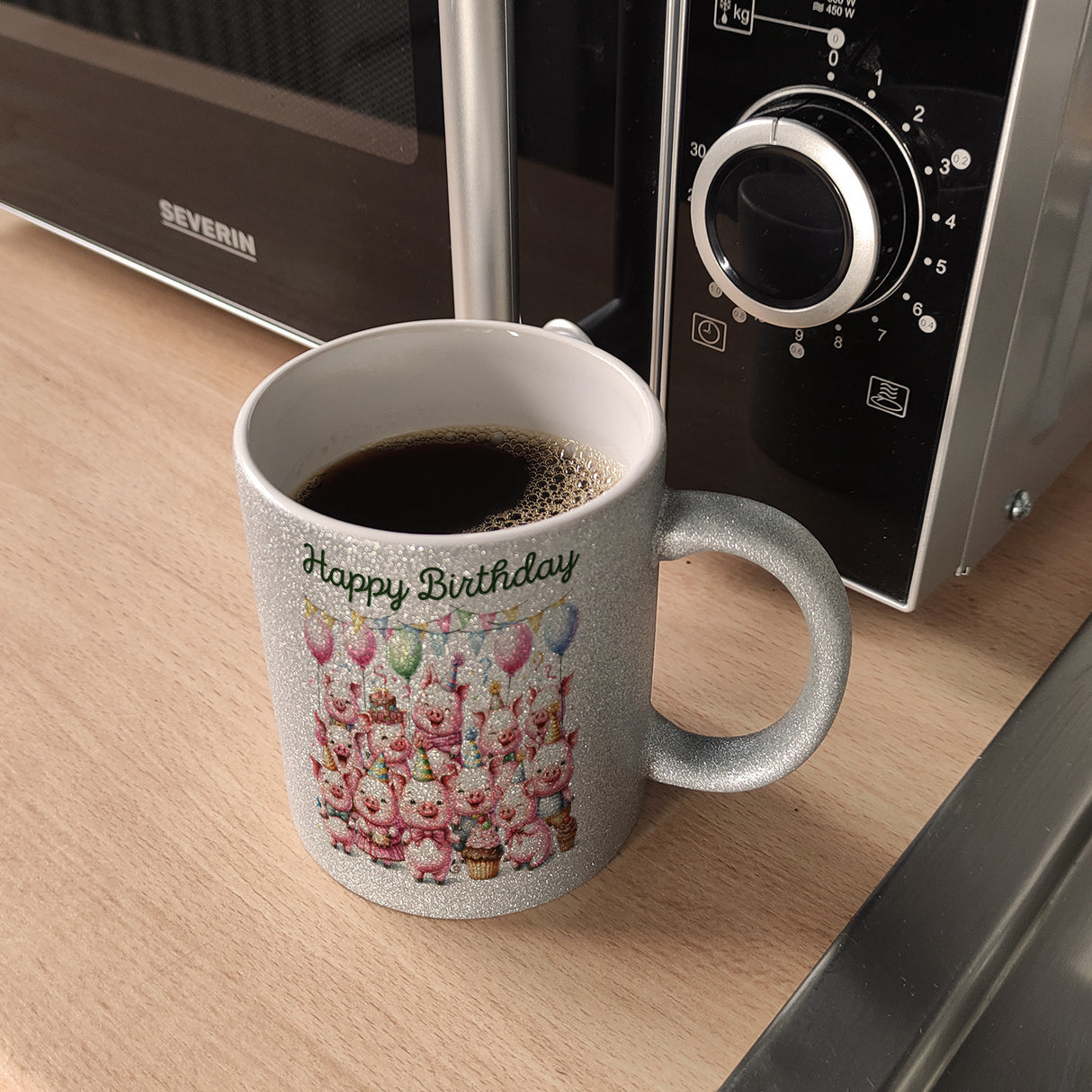 Schweine Party Kaffeebecher mit Spruch Happy Birthday