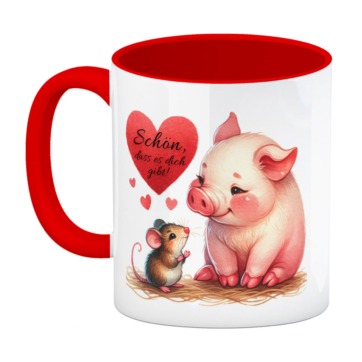Schwein mit Maus und Herz Kaffeebecher mit Spruch Schön dass es dich gibt