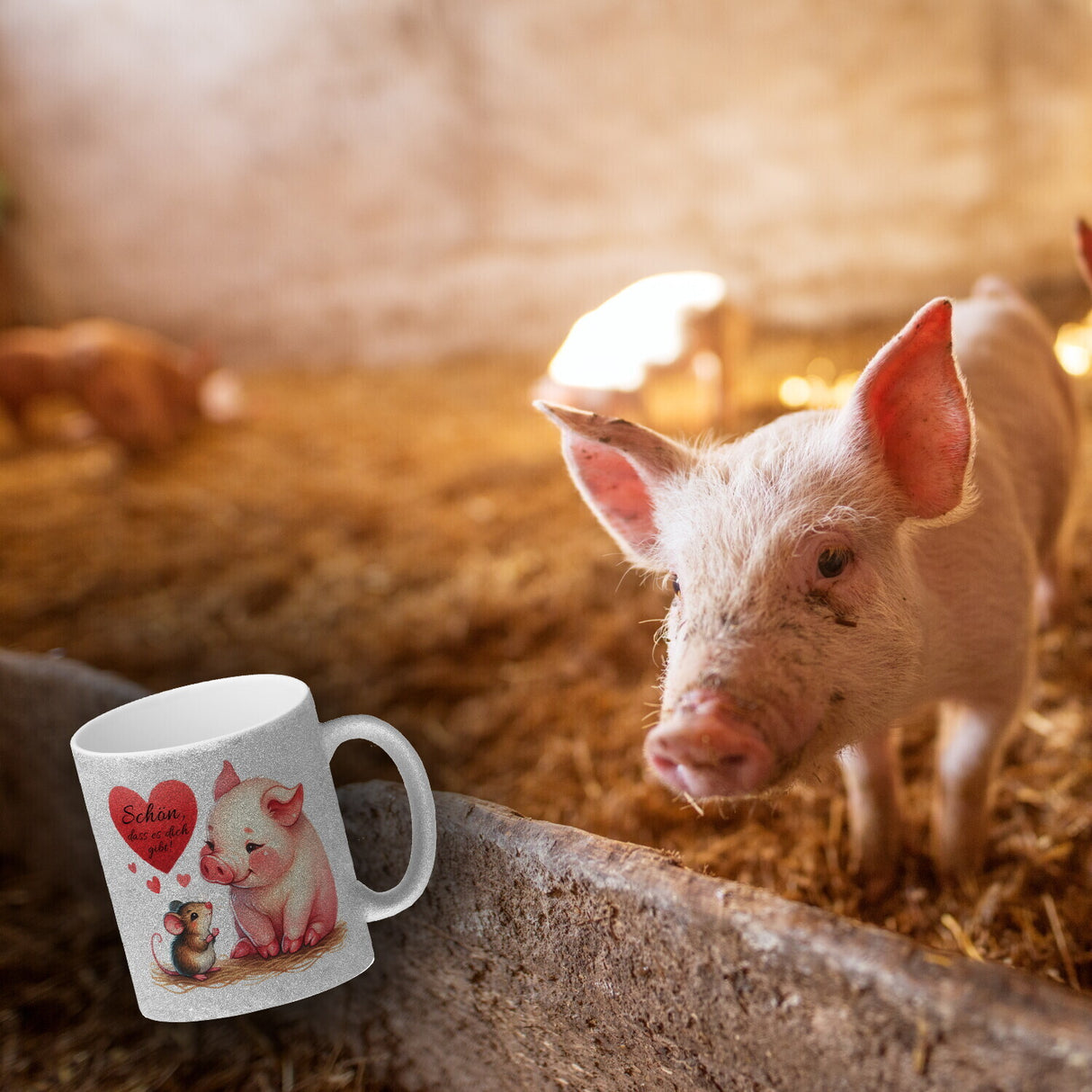 Schwein mit Maus und Herz Kaffeebecher mit Spruch Schön dass es dich gibt