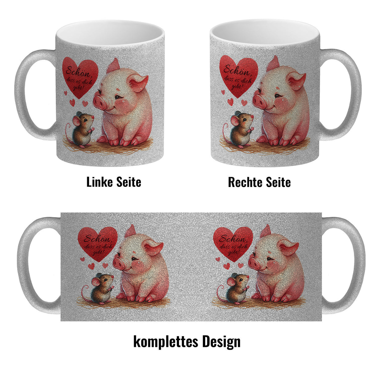 Schwein mit Maus und Herz Kaffeebecher mit Spruch Schön dass es dich gibt