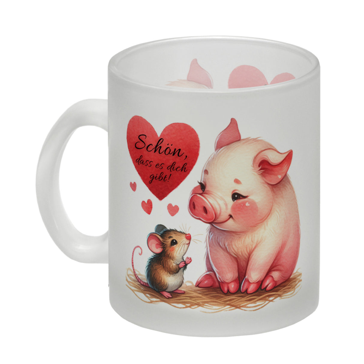 Schwein mit Maus und Herz Kaffeebecher mit Spruch Schön dass es dich gibt