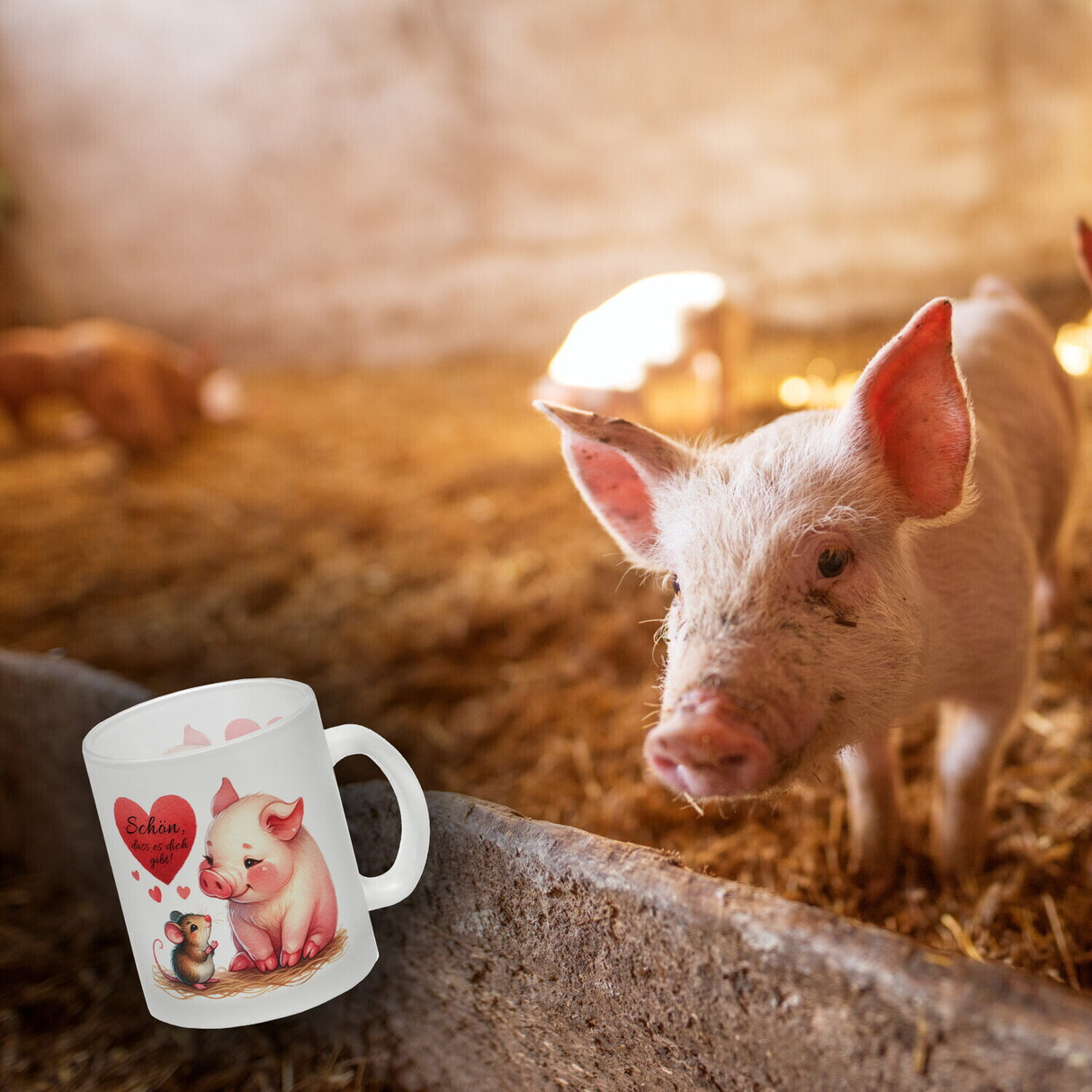 Schwein mit Maus und Herz Kaffeebecher mit Spruch Schön dass es dich gibt