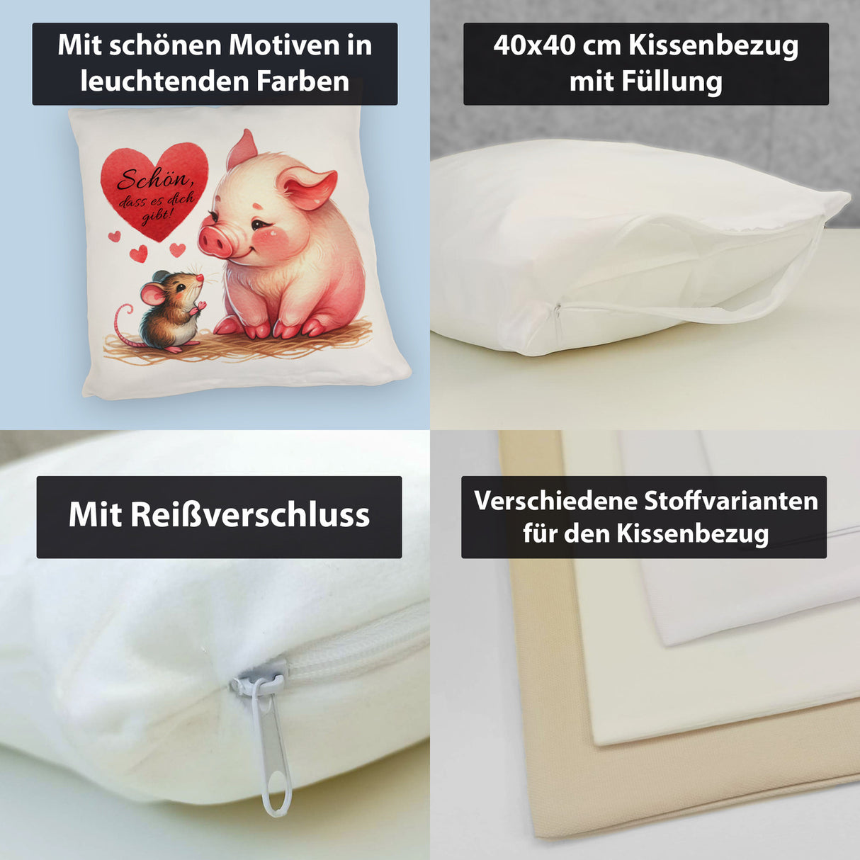 Schwein mit Maus und Herz Kissen mit Spruch Schön dass es dich gibt