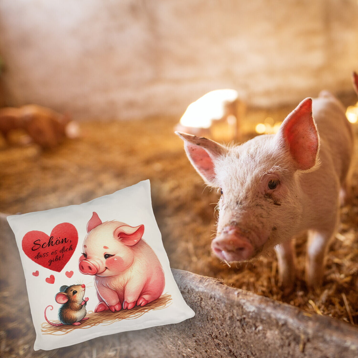 Schwein mit Maus und Herz Kissen mit Spruch Schön dass es dich gibt