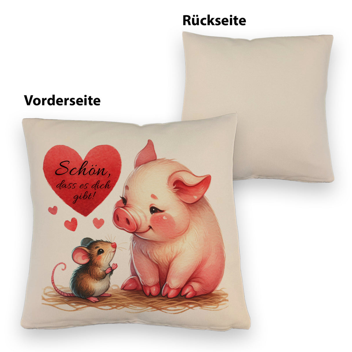 Schwein mit Maus und Herz Kissen mit Spruch Schön dass es dich gibt