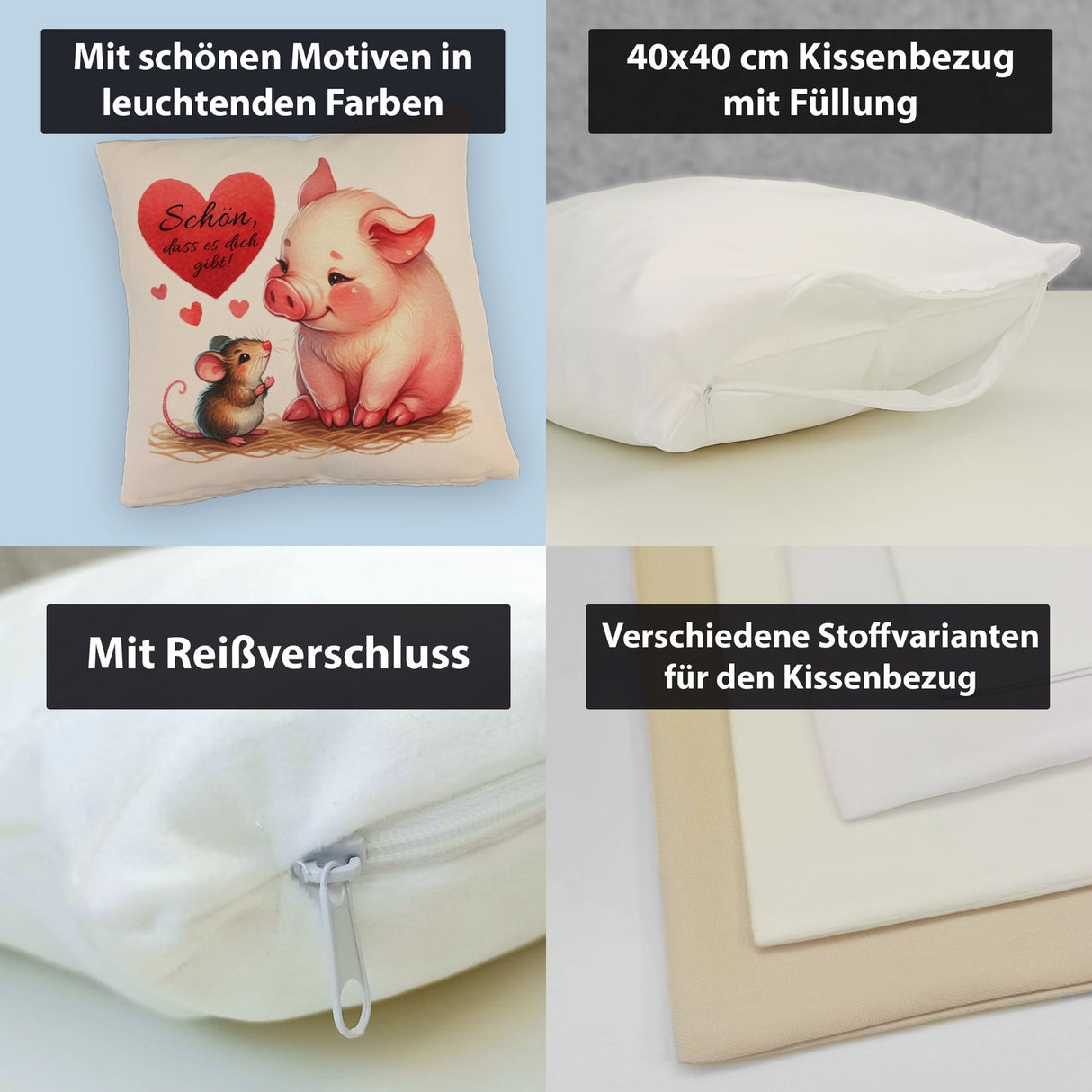 Schwein mit Maus und Herz Kissen mit Spruch Schön dass es dich gibt
