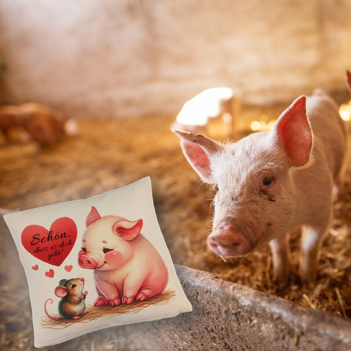 Schwein mit Maus und Herz Kissen mit Spruch Schön dass es dich gibt