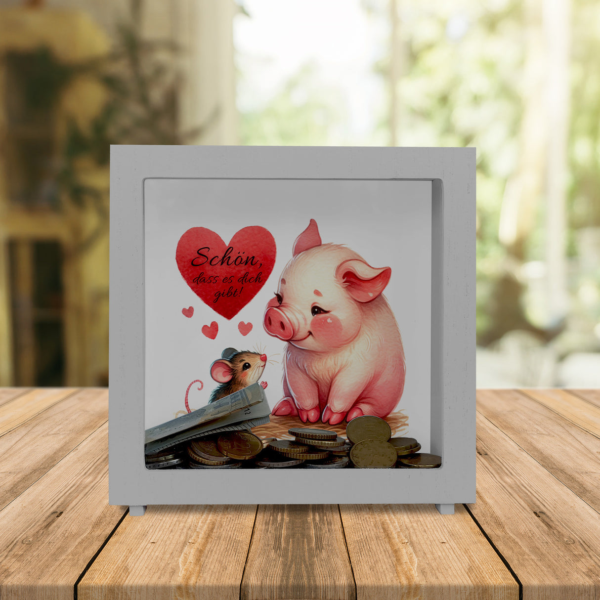 Schwein mit Maus und Herz Spardose mit Spruch Schön dass es dich gibt