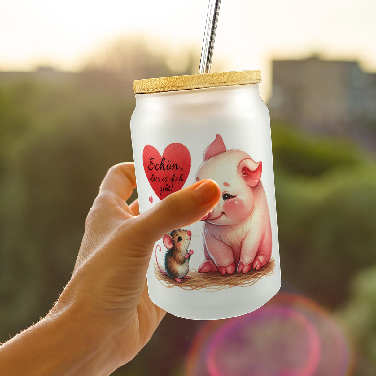 Schwein mit Maus und Herz Trinkglas mit Bambusdeckel mit Spruch Schön dass es dich gibt