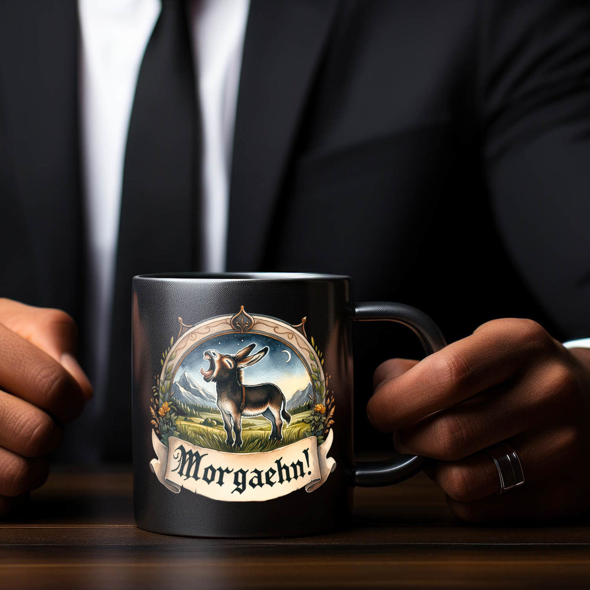 Müder Esel auf der Wiese Tasse in Schwarz mit Spruch Morgaehn!
