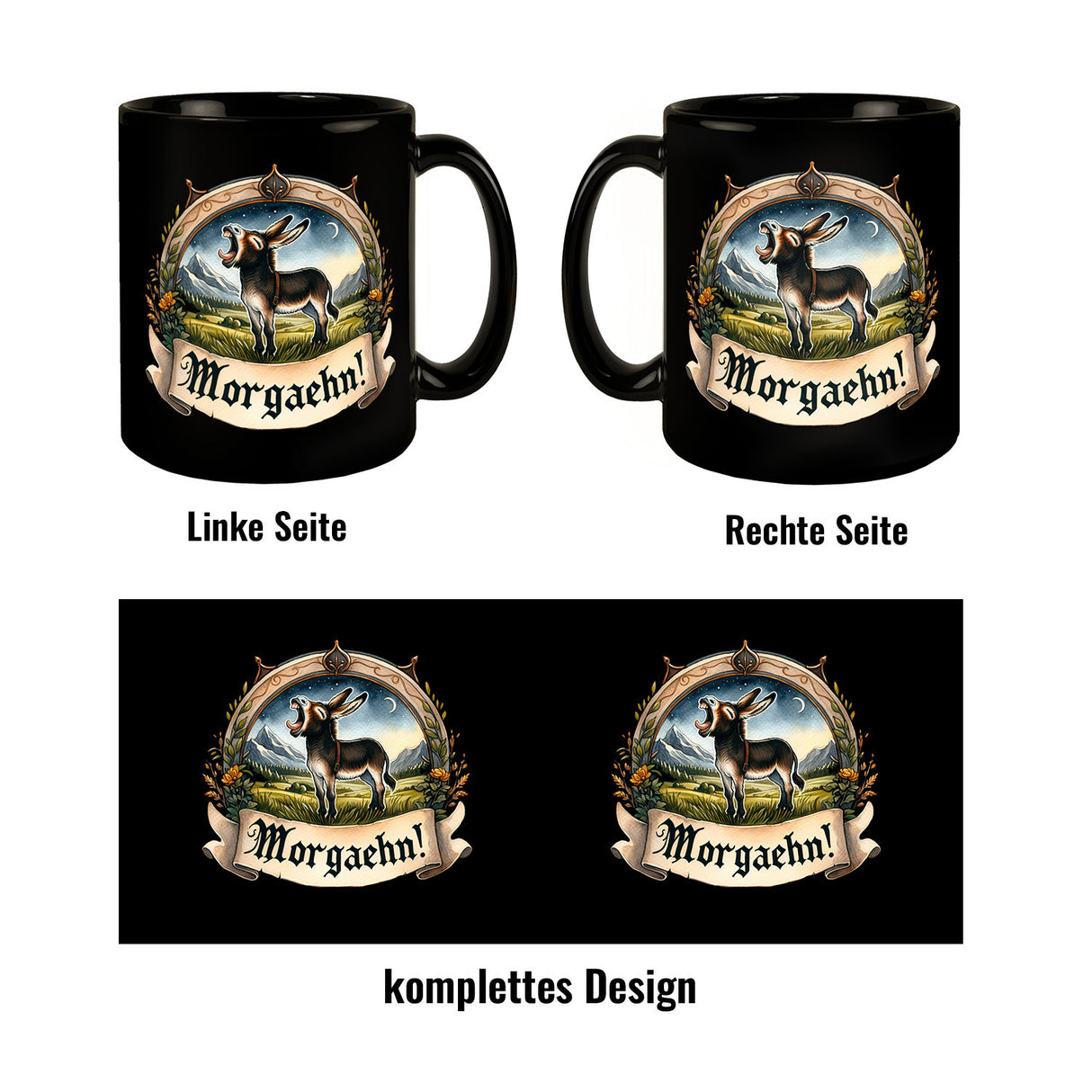 Müder Esel auf der Wiese Tasse in Schwarz mit Spruch Morgaehn!