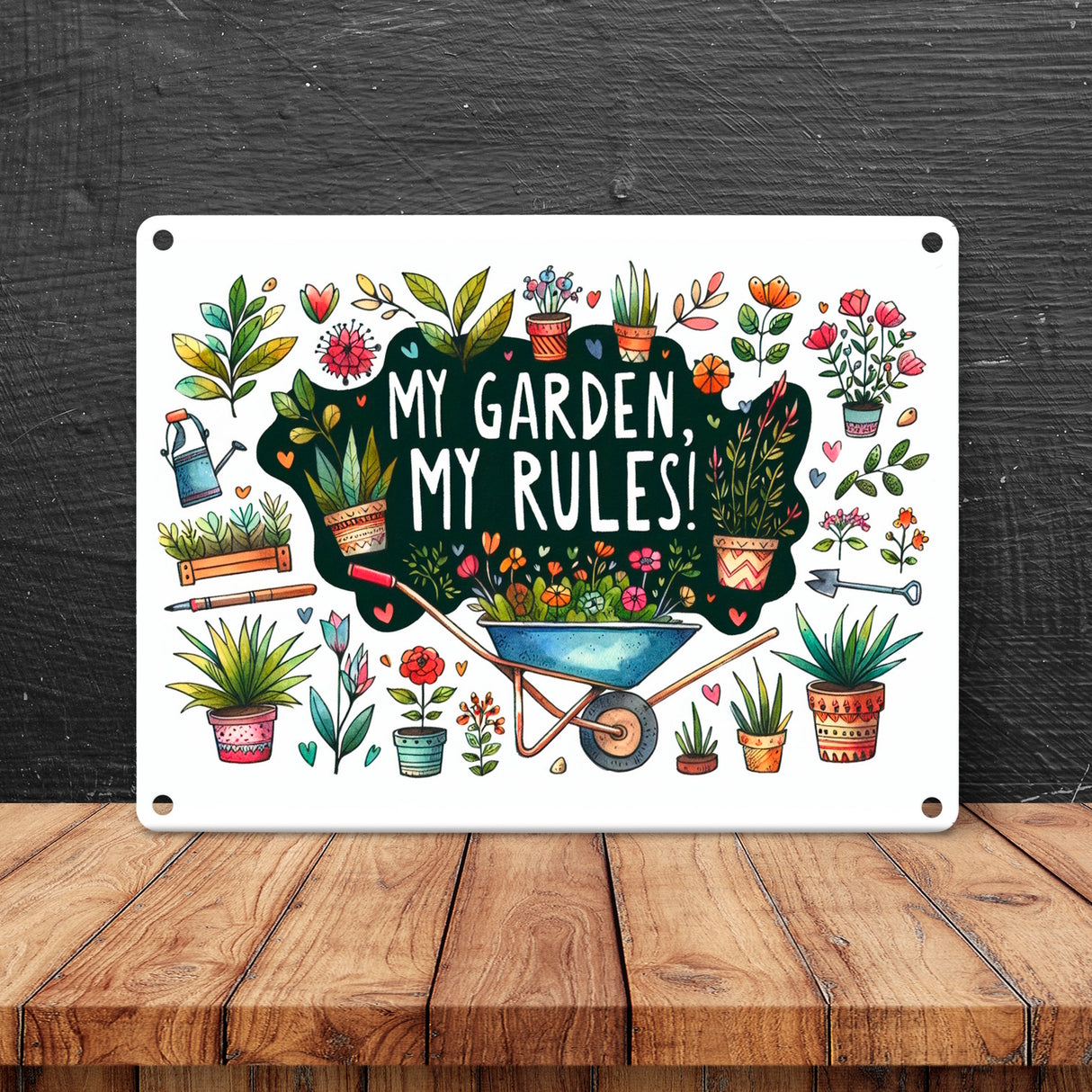 Schubkarre im Garten Metallschild in 15x20 cm mit Spruch My Garden, My Rules!