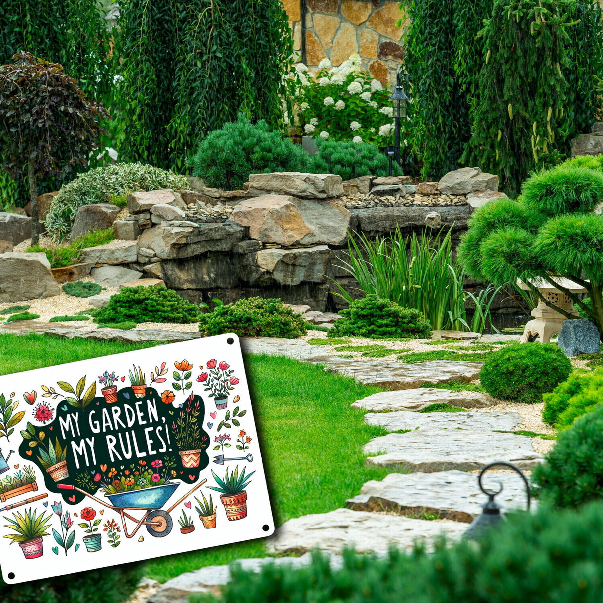 Schubkarre im Garten Metallschild in 15x20 cm mit Spruch My Garden, My Rules!