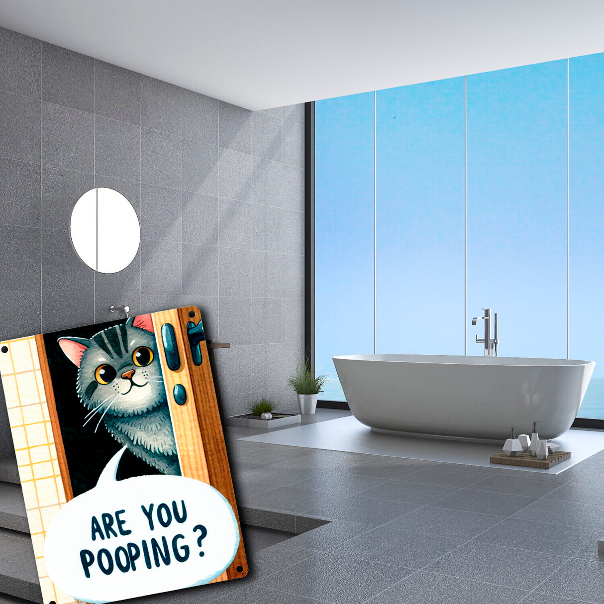 Katze schaut durch Türspalt Metallschild in 15x20 cm mit Spruch Are you pooping?