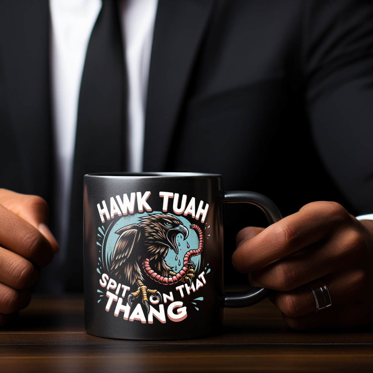 Hawk Tuah Falke mit Regenwurm Tasse in Schwarz mit Spruch Spit on that thang