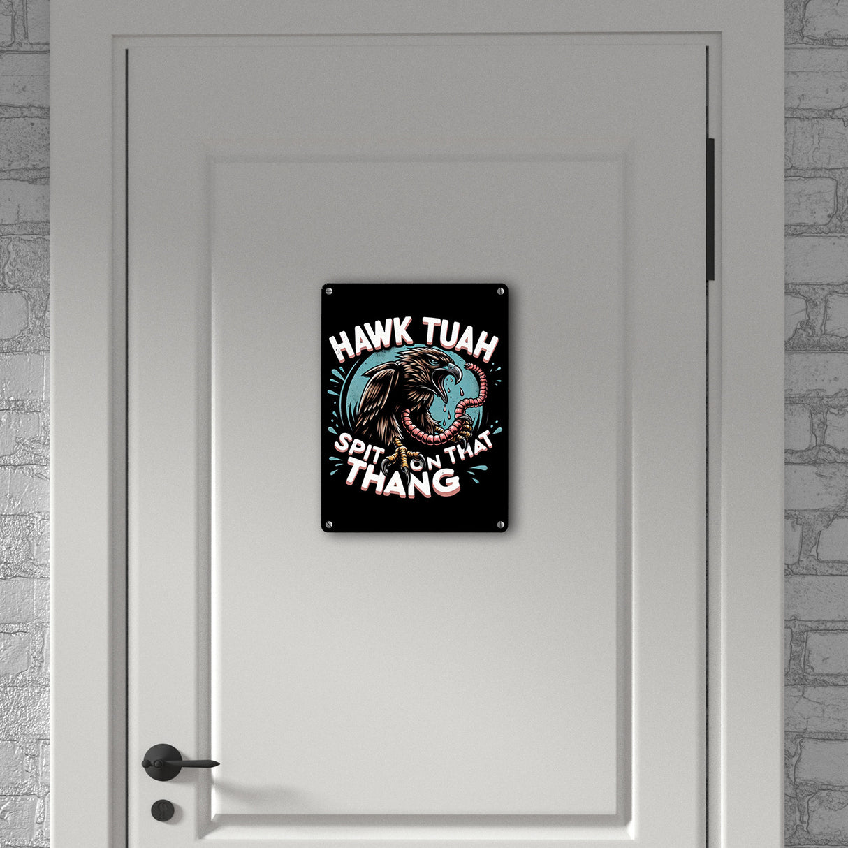 Hawk Tuah Falke mit Regenwurm Metallschild in 15x20 cm mit Spruch Spit on that thang