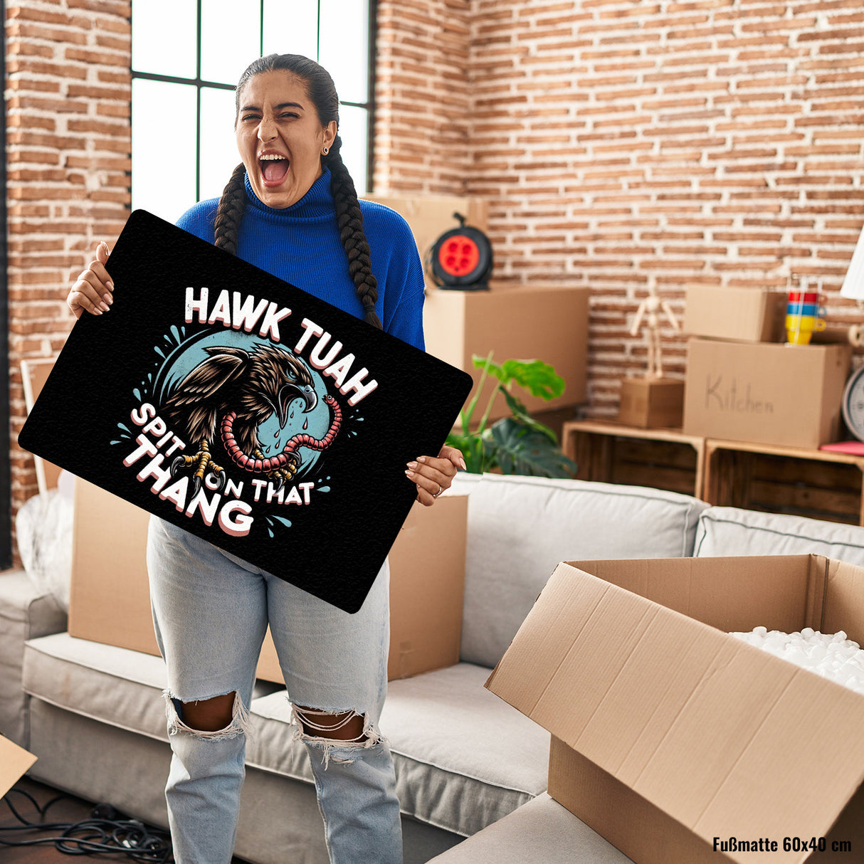 Hawk Tuah Falke mit Regenwurm Fußmatte in 35x50 cm ohne Rand mit Spruch Spit on that thang