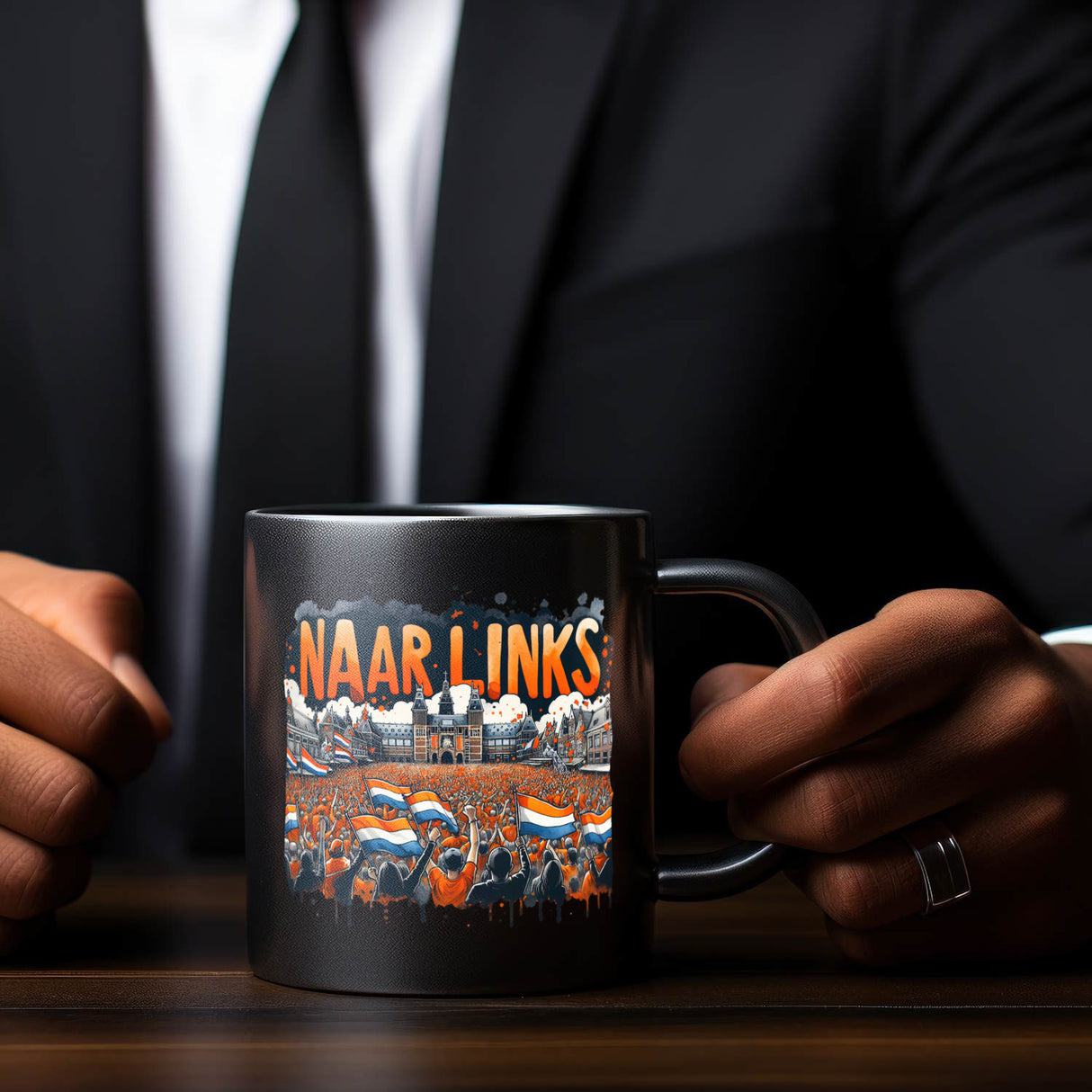 Niederländische Fußballfans Tasse in Schwarz mit Spruch Naar Links