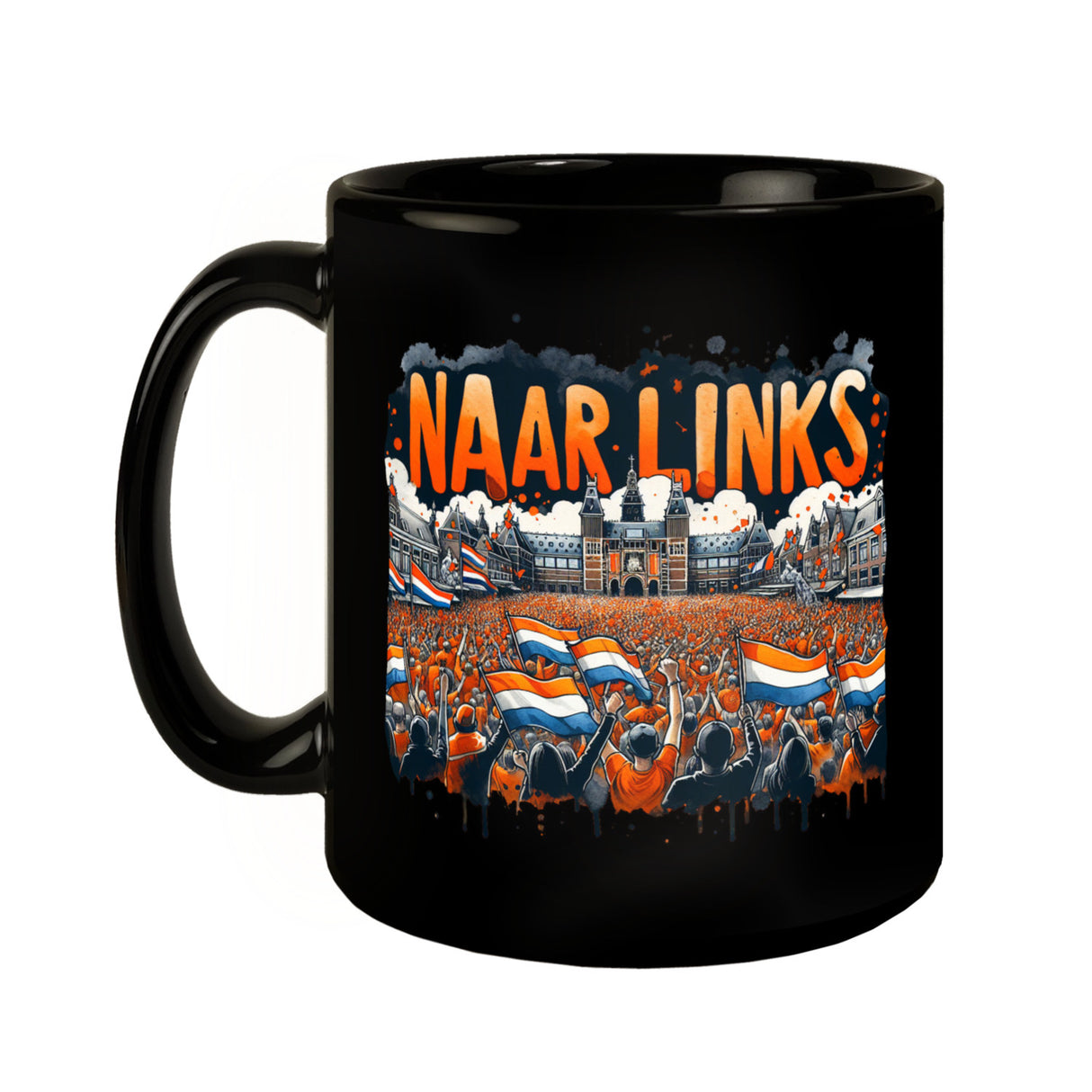 Niederländische Fußballfans Tasse in Schwarz mit Spruch Naar Links