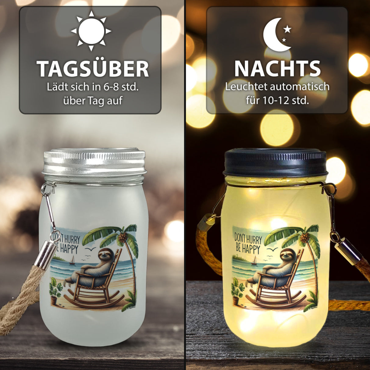 Faultier am Strand Solarlicht mit Spruch Don't hurry - be happy