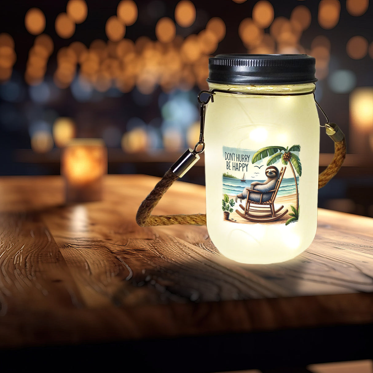 Faultier am Strand Solarlicht mit Spruch Don't hurry - be happy